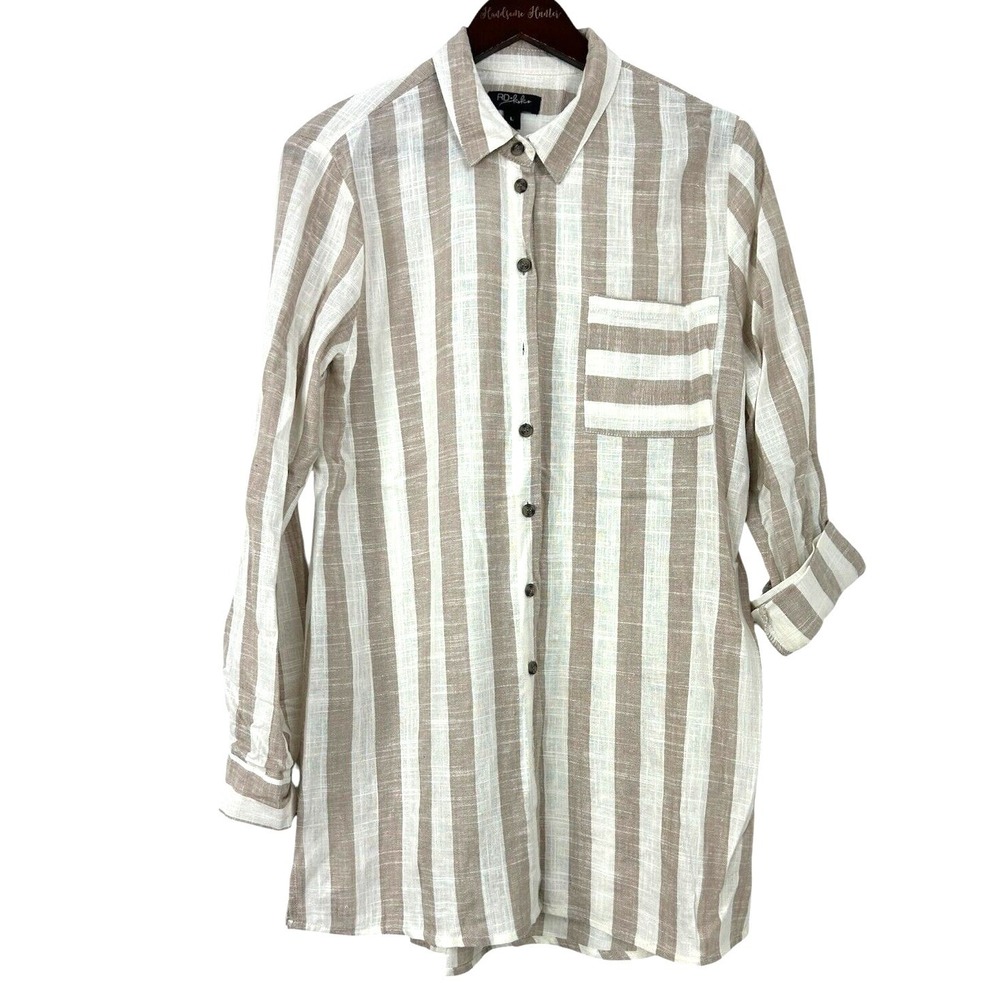 RD+Koko Linen Tunic Women L Tan White EUC Striped Long Sleeve Button Down